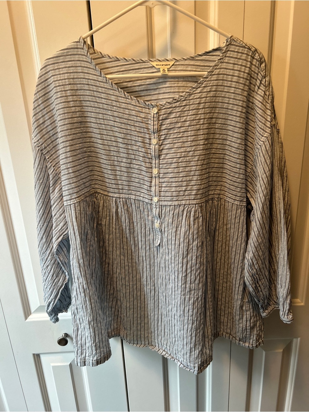 Max Studio Light Blue Striped Button-Front Peasant Tunic 3/4 sleeve cotton XL